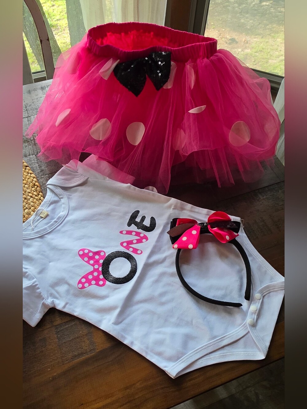 Baby Pink Polka Dot Tutu Set with 'One' Bodysuit and Bow Headband